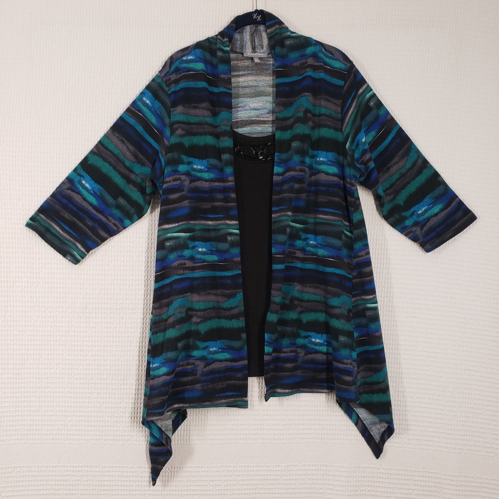 Essentials Cardigan Set Womens 0X Blue Art to Wear Layered Beaded Tank Lagenlook